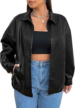 WDIRARA Women's Plus Size PU Leather Drop Shoulder Jacket